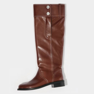 Botas altas holgadas de mujer con tacón plano, parte superior plisada con botón metálico, ajuste ancho, hasta la rodilla, con costuras - Product Image 5