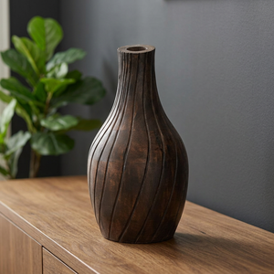Handcrafted Wooden Mid Century Modern Eco-friendly Flower <b>Vase</b> FV-001 Dark Brown <b>Small</b> Round Tabletop Indoor Plant Pot - Product Image 2