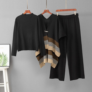 Stylish Striped Knitted 3 Piece Outfits Women Jacquard Shawl <b>Sweater</b> Loose Palazzo Pants Lightweight Casual Fall Wear - Product Image 3