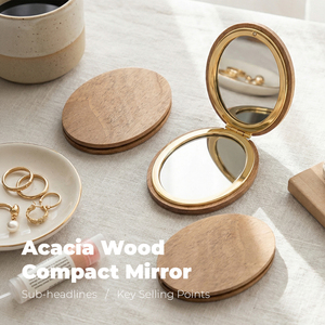 Espejo Compacto Ovalado Ecológico de Madera de Acacia Natural, Marco de Metal Dorado de Lujo, Espejo de Maquillaje de Bolsillo de Doble Cara con Cristal HD - Product Image 1