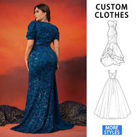 Robe de soirée sirène marine grande taille SJ Wholesale, col en V, manches courtes bouffantes, drapée, pour mère de la mariée, avec détails en sequins