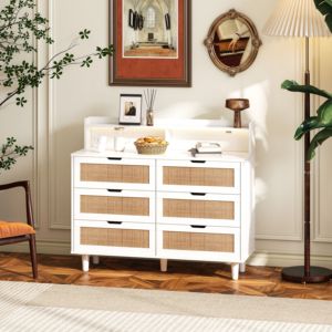 DB 43.31 \ "Armoire de rangement en rotin à 6 tiroirs avec lumières LED en miroir et prise de courant pour chambre salon usage domestique - Product Image 2