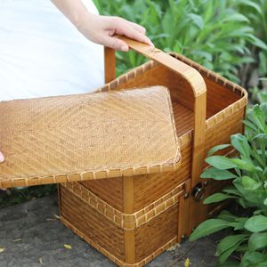 Handmade <b>Bamboo</b> Woven Double Layer Food Box Rectangle Brass Clasp Kitchen Storage Picnic Travel Gift Set - Product Image 3