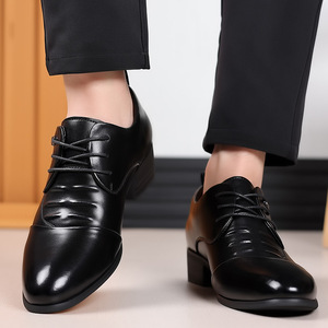 Men's Leather Oxfords Pointed Toe Lace Up <b>Height</b> <b>Increasing</b> Office Career Spring Dress <b>Shoes</b> Solid Black Rubber Sole - Product Image 3