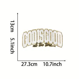 Nouveau stock Grand format 28 cm Patch thermocollant brodé en chenille avec bordure argentée/dorée, motif 'God Is Good' et 'Jesus Hope' en forme de crucifix - Product Image 6