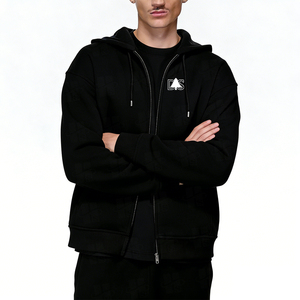 Sudadera con capucha clásica personalizada para hombre, de algodón 100% de alto gramaje, forro polar cepillado, hombros caídos, color liso, con cremallera completa - Product Image 3