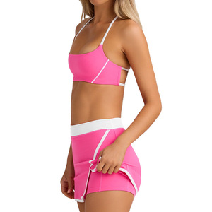 Breathable Color Block Spaghetti Strap Square Neck Sports Vest <b>Split</b> Short <b>Skirt</b> Set Women Fitness Fixed Cup Summer Waist Front - Product Image 5