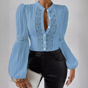 Women's Lace <b>Patchwork</b> Lantern Sleeve Solid Color Stand-up Collar <b>Shirt</b> Fashion - Product Image 3