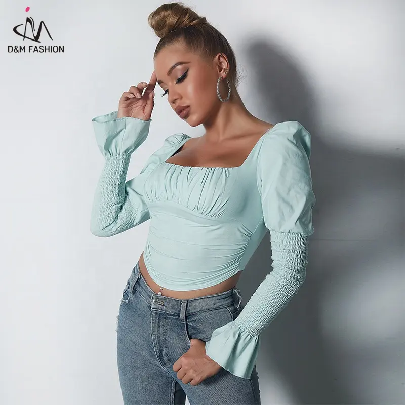 L&S Latest Trend Blue High Quality Backless Long Sleeve Ribbed Crop Top Lady Sexy Fashionable Women Clothes 2022 Ladies' Blouses