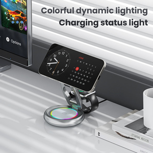 แท่นชาร์จไร้สาย 3 in 1 แบบพับได้ 15W พร้อมไฟ LED สำหรับโทรศัพท์ นาฬิกาอัจฉริยะ หูฟัง และวางบนโต๊ะ - Product Image 3
