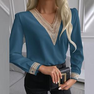Camisas de gasa de seda satinada para mujer, blusa informal de manga larga de encaje con cuello de pico bordado para otoño - Product Image 2