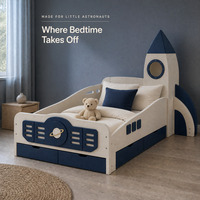 Lit simple en bois massif en forme de fusée sur le thème de l'espace avec tiroirs de rangement sous le lit et sommier à lattes, couleurs au choix, lit pour enfants
