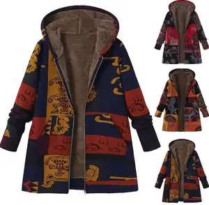 Commercio all'ingrosso di vestiti di cotone peluche <span class=keywords><strong>con</strong></span> cappuccio e <span class=keywords><strong>cerniera</strong></span> a maniche lunghe da donna di alta qualità <span class=keywords><strong>con</strong></span> <span class=keywords><strong>cappotto</strong></span> grande a colori <span class=keywords><strong>con</strong></span> stampa retrò - Product Image 1
