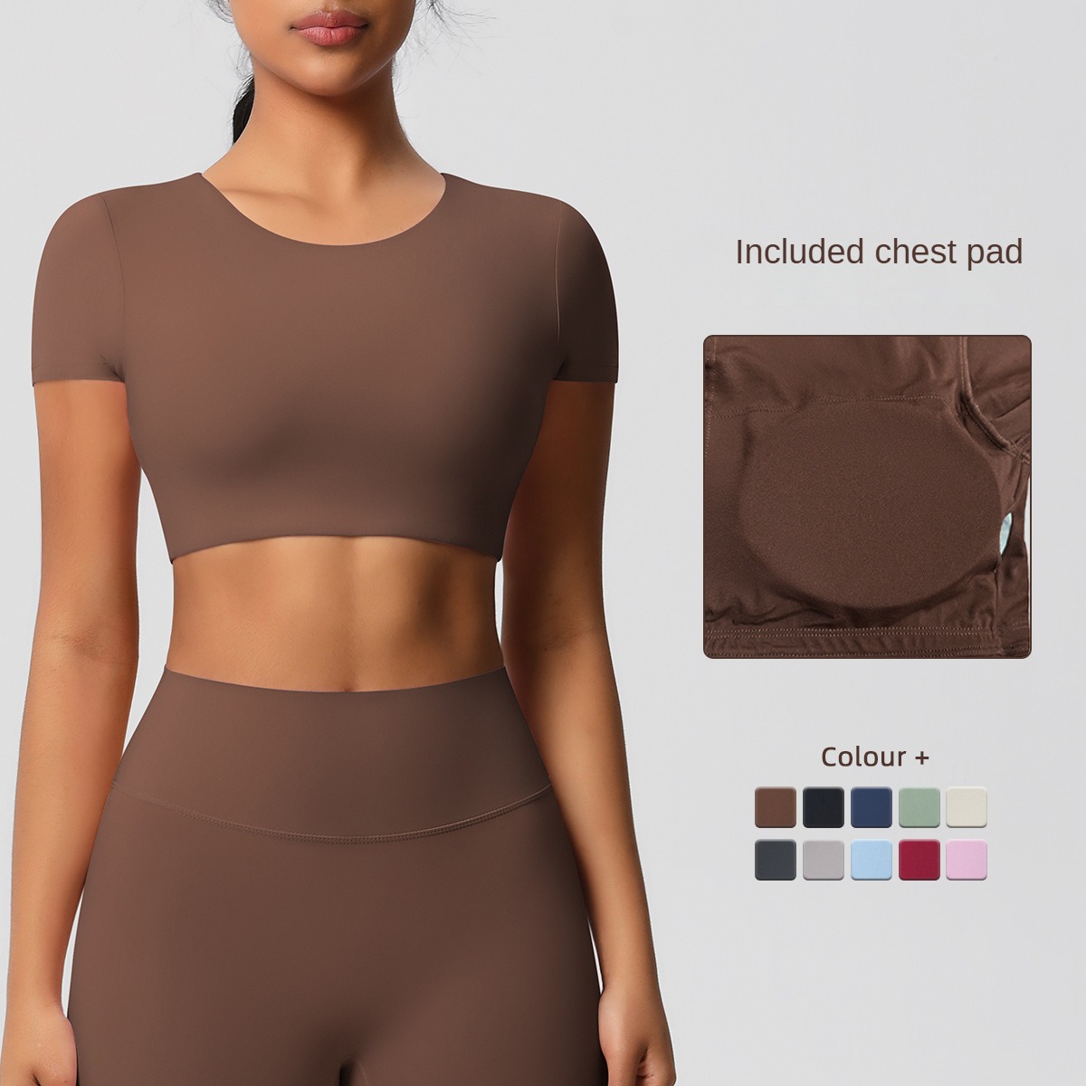 Lezyan Women's Double-Sided Abrasive Sports Fitness T-Shirt Short-Sleeved Chest Pad Brocade Ammonia Fabric Elastic Waist Yoga