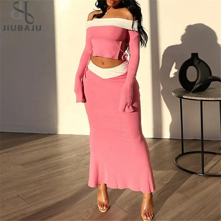 Lente Roze 2 Tweedelige Sets Vakantie Voor Vrouwen 2024 Off-Shoulder Crop Tops Met Lange Mouwen En Lange Roksets