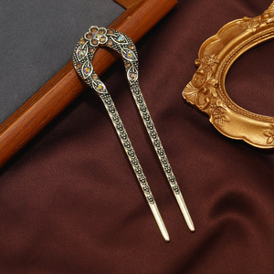 Épingles à cheveux rétro de style coréen, ornements capillaires, accessoires capillaires en gros, épingles à cheveux double-fourche en strass motif fleur de pêcher antique - Product Image 2