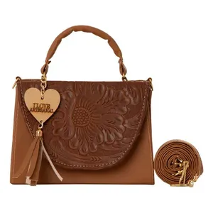 Bolso Bandolera Fana Fina Lupe Camel, Cuero Genuino con Grabado Floral, Estilo Vintage, Bolso de Hombro para Mujer para Uso Diario - Product Image 1