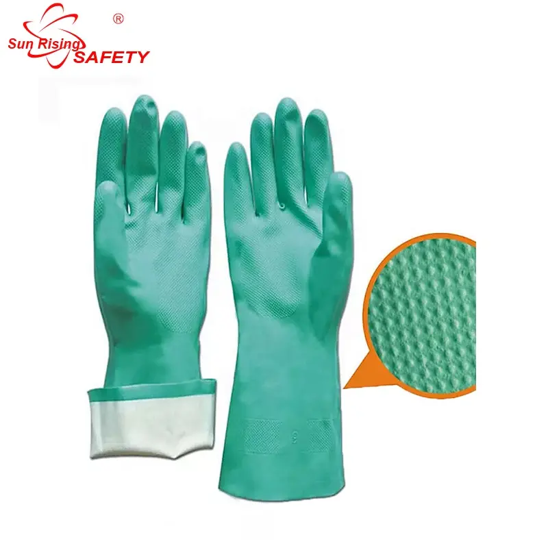 SRSAFET En374-2 Green Chemical Resistant Safety Work Nitrile Gloves, Acid Oil Proof Hand Rubber Gloves Waterproof Nitrile Rubber