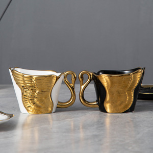 Tasse à café en céramique plaquée or, tasse à expresso et soucoupe, ensemble tasse et soucoupe à café paon électroplaqué - Product Image 3