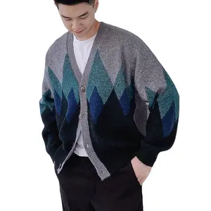 Зимний мужской свитер с геометрическим узором ромб трикотаж оверсайз вязаный жаккардовый свитер высокого качества кардиган Стандартный V-образным вырезом