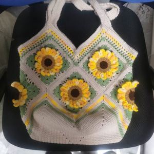 Sac de shopping en coton au crochet, motif bonbons tricoté, sac à bandoulière décontracté pour femme, idéal pour la plage, fermeture ouverte - Product Image 4