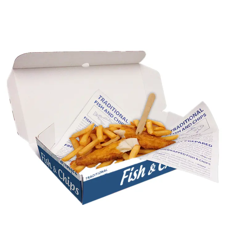 Custom Wegwerp Papieren Vis En Chips Doos Gedrukt Vis En Chips Verpakking Fast Food Afhaalrestaurant Doos Verpakt Gebakken Kip