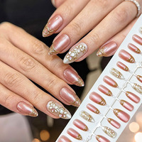 Ongles à presser de luxe léger, motif floral sculpté or rose, finition dégradée œil-de-chat, texture douce, vente en gros d'usine, ongles préfabriqués