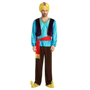 Men Arab Costume Adults Clothing Pants Arabian Blue Top Costume For Halloween Carnival Dress Up with Hat