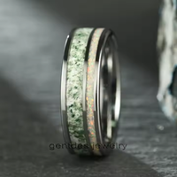 Gentdes Jewelry Bague de mariage en tungstène poli argent 8mm Agate verte et opale blanche de feu pour femmes hommes
