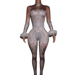 Tutine aderenti Sexy con motivo in <span class=keywords><strong>pizzo</strong></span> bianco Costume da ballo <span class=keywords><strong>tuta</strong></span> da donna Costume intero <span class=keywords><strong>tuta</strong></span> da donna festa del Club festa in strass - Product Image 1