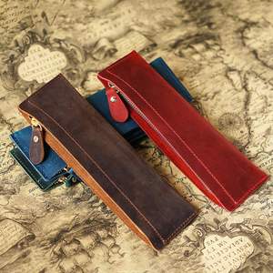 Trousse à crayons moderne en cuir véritable avec fermeture éclair, porte-monnaie fait main en cuir pleine fleur pour étudiants, sac de rangement pour fournitures scolaires, cadeaux de bienvenue - Product Image 1