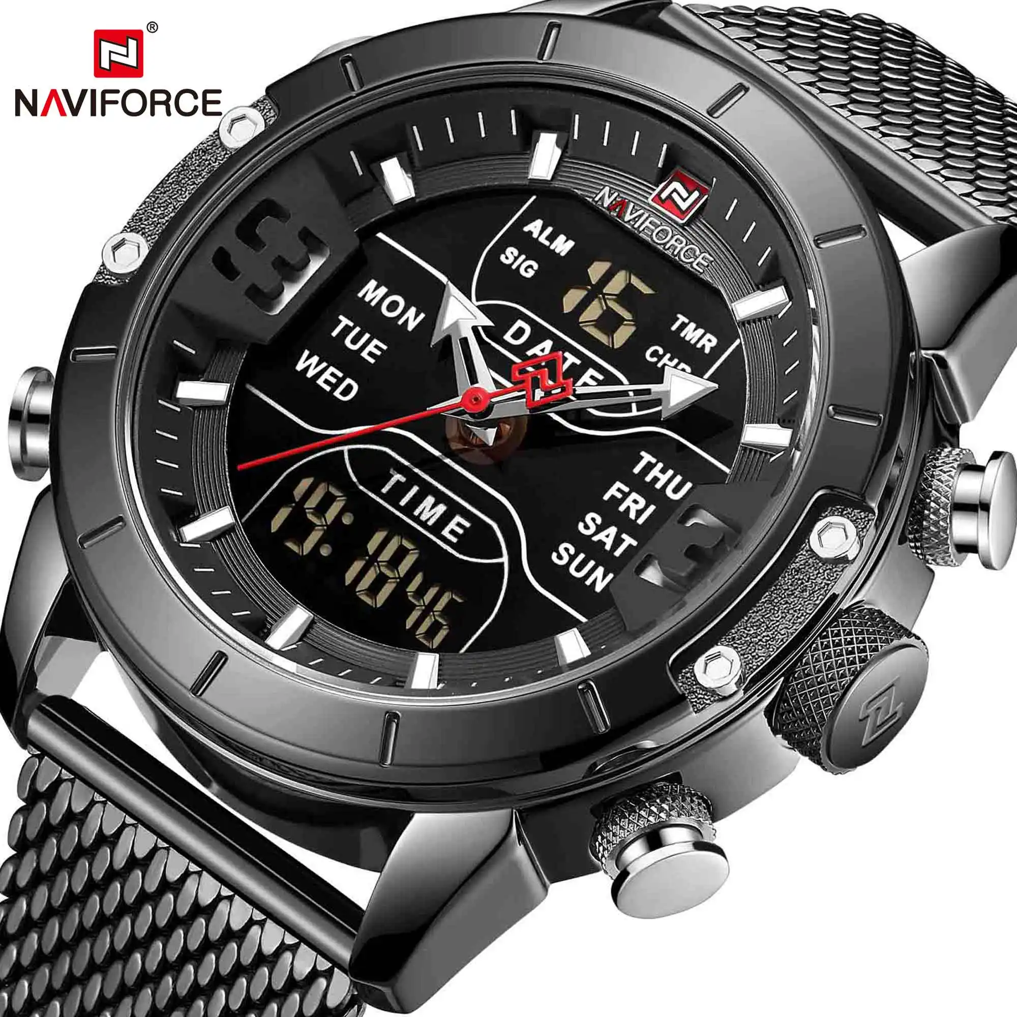 NAVIFORCE 9153 Mens Luxury Japan Quartz Digital Watch Stainless Steel Mesh Strap Fashion Wrist Watch
