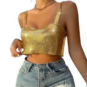 Women's Fitted Cropped Rhinestone Tank Top Summer Party Nightclub Essential Metal Sling Design
