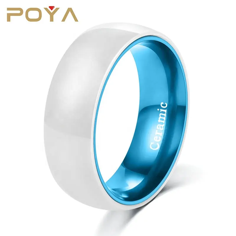 POYA आभूषण 8mm उच्च पॉलिश सफेद चीनी मिट्टी की अंगूठी के साथ Anodized हल्के नीले रंग के लिए एल्यूमीनियम आस्तीन जड़ना वेडिंग बैंड पुरुषों और महिलाओं