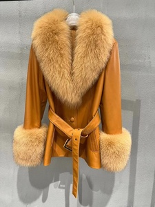 Hot <strong>Sale</strong> Short Large Turn-Down Fox Fur Collar Single Breasted Belt Ladies Custom Genuine <strong>Sheepskin</strong> Leather <strong>Coat</strong> Women - Product Image 6