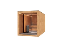 Sauna en bois en forme de cube, extérieur noir, intérieur en bois naturel, murs vitrés à vue panoramique, écologique, sûr, traditionnel