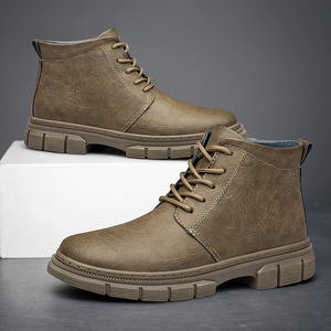 Bottes décontractées en cuir rétro tendance automne-hiver pour hommes, style workwear, doublées polaire, chaudes, respirantes, antidérapantes, à lacets - Product Image 4