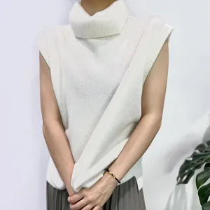 Kingsun OEM ODM Custom LOGO solid color white knitted vest high neck pullover vest 100% lamb wool sweater