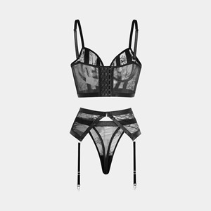 Conjunto de Lencería Sexy de 4 Piezas con Tanga, Medias y Sujetador, Lencería Erótica Negra Ultrafina, Conjunto de Lencería de Encaje Sexy para Mujer - Product Image 5