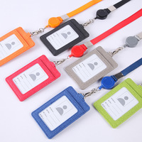 Dompet kulit Pu, dompet kulit Pu, tempat kartu ID bisnis, dengan tali leher, kalung Lanyard