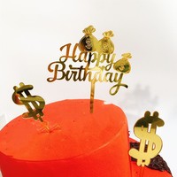 Wiederverwendbare Umweltfreundliche Moderne Acryl-Kuchendekoration Doppelschichtige Relief-Geldbeutel Dollarzeichen Happy Birthday Kuchenverzierung