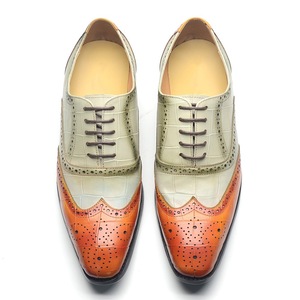 Italian-style genuine leather men's formal shoes in brown with green accents, square <b>toe</b>, lace-up design, suitable for wedding e - Product Image 1
