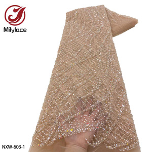 جميل الزفاف الذهب الترتر تول صافي الدانتيل النسيج الفاخرة التطريز الثقيلة مطرز الدانتيل النسيج لفستان الحزب - Product Image 2