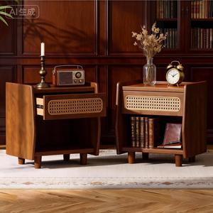 Walnut Nightstand With Rattan Detail MDF Solid Wood Modern Bedroom Storage Open <b>Shelf</b> Drawer Indoor Furniture - Product Image 3