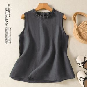 Women Sleeveless Top Black Ruffled Neck Cotton Linen Breathable Summer Vest - Product Image 3