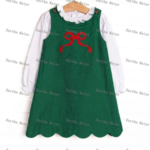 Monogram Baby Girls Christmas Corduroy <strong>Dress</strong> Set Custom Kids Red Green Ruffle Collar Shirt and Scalloped Pinafore <strong>Dress</strong> - Product Image 4