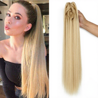 Perruque synthétique longue et droite tendance transfrontalière avec pince à cheveux queue de cheval volumineuse, permable et colorable, fabriquée à la machine
