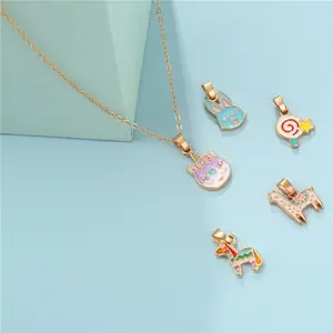 Necklace Set kalung anak kartun hewan Aloi, Set kalung 5 pak Unicorn manis warna-warni populer Korea