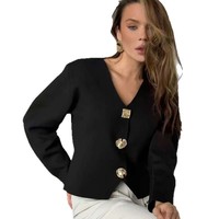 Kardigan Rajut V-Neck Elegan Wanita Kancing Emas Lengan Panjang Slim Fit Jaket Sweater Rajut Wanita Kantoran Pakaian Luar Musim Gugur