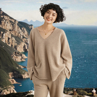 Ensemble de chandail en cachemire pour femmes, 100% cachemire de haute qualité, décontracté, hiver, 2 pièces, manches longues, col en V, pull, pantalon, coupe ample, tricot